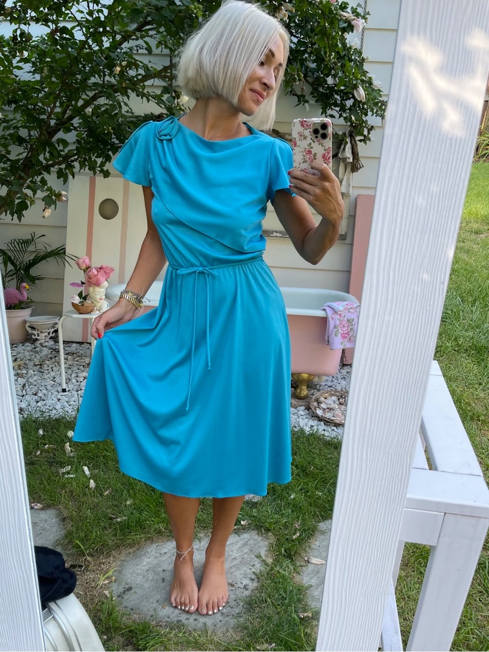 VINTAGE Cerulean Blue Drape Dress 1970s